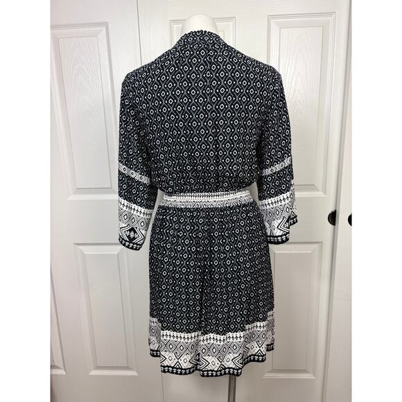 H&M Black and White Bohemian Style Dress Size 6 Elastic Waistband 3/4 Sleeve - Picture 5 of 7